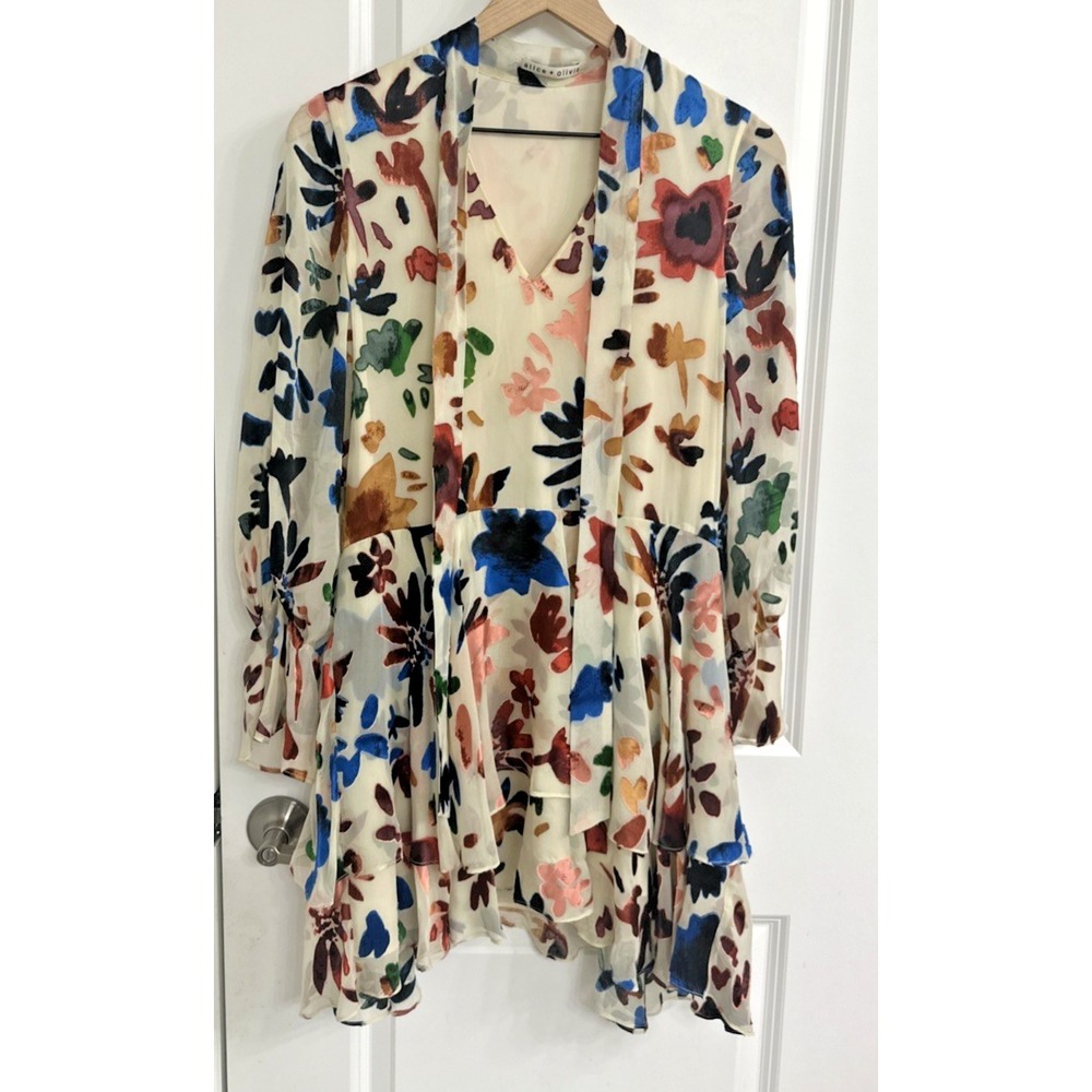 Alice + Olivia Size Small Moran Prisma Velvet Floral Burnout Dress Silk Ruffle - Picture 5 of 12